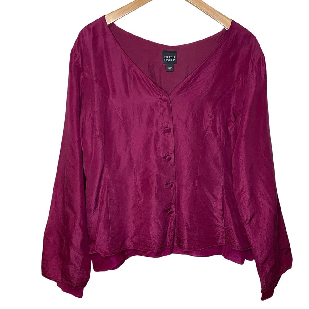 Eileen Fisher Bright Purple Silk Layered Button Up Long Sleeve Blouse Boho Y2K M